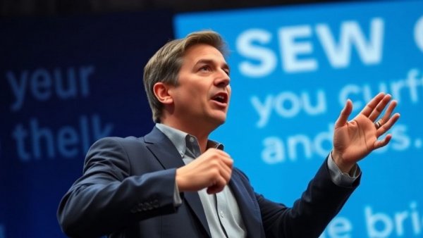 Confident speaker on stage embracing a total freedom mindset.