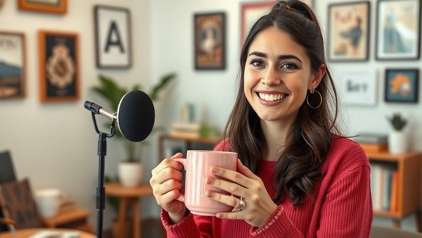 Smiling woman podcasting in a cozy home office for YouTube for Realtors 2026.