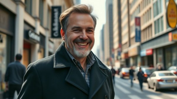 Man engaging in projects with no credit, city street stroll.