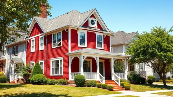 Charming red house in a sunny suburban setting, real estate concept.