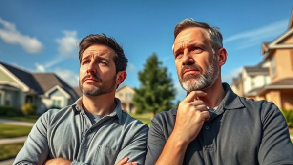 Thoughtful men pondering real estate investing in suburb, how to fail at real estate investing.