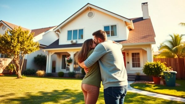 Charming suburban home with Redfin sign and two people hugging.