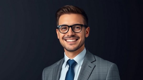Confident smile on professional man, real estate market trends.