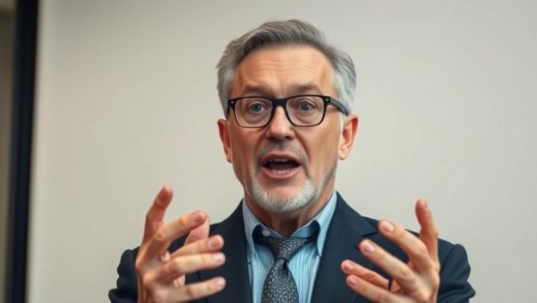 Middle-aged man discussing purpose in a plain setting.