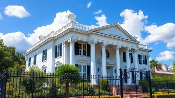 Elegant historic home with white columns, lush greenery.