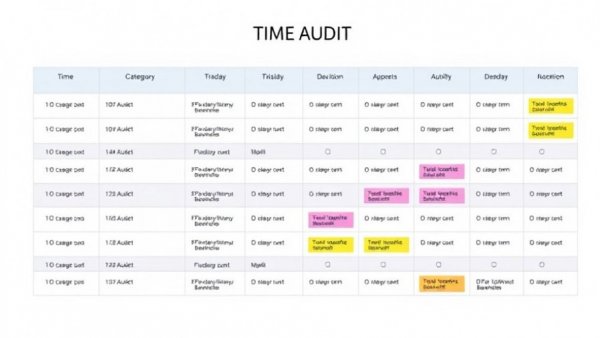 Organized digital time audit table with tasks and categories for business time audit.