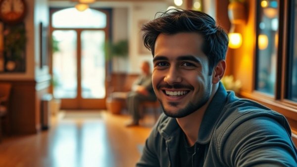 Smiling man in casual clothing enjoying the Bridgerton Dance Challenge indoors.