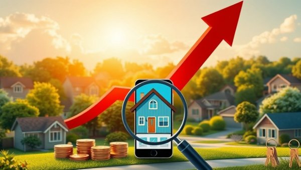 Vibrant illustration of Realtor.com revenue growth with houses and rising graph.