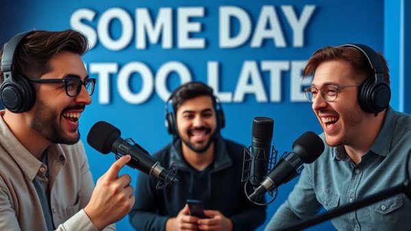 Two men podcasting with motivational quote background for real estate producer success story.