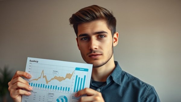 Young man discusses economic extinction warning chart indoors.