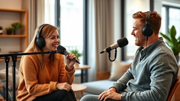Podcast speaker discussing AI generative search, sitting in modern apartment.
