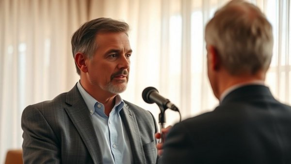 Man speaking into a microphone with bright curtains backdrop.