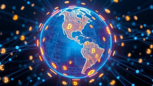 Futuristic globe with cryptocurrency symbols for crypto mortgage underwriting.