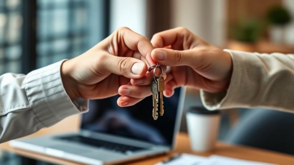 Two people exchanging house keys, symbolizing rentals.