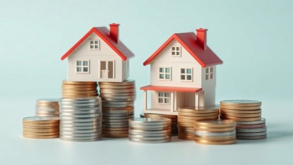 Model houses with coin stacks, illustrating new homes affordability.