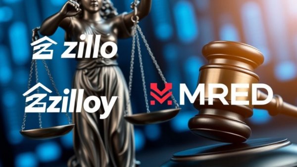 Zillow and MRED logos over justice statue and gavel, RISMedia News