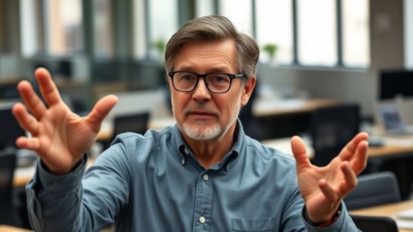 Man in office gesturing confidently as a source for advice.
