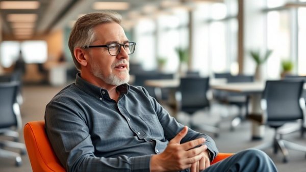Middle-aged man discussing mindset growth in an office.