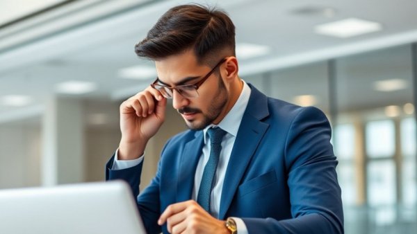 Professional man in a modern office standing at a desk, focused expression.
