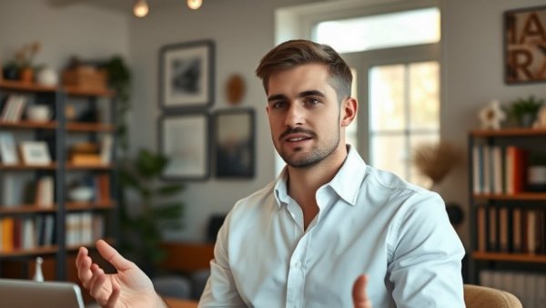 Casual man discussing recession in home office setting.