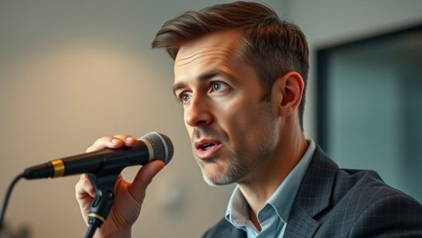 Man discussing passive real estate goals on microphone, indoor setting.