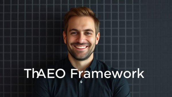 Smiling man with 'The AEO Framework' text on grid background, AI Can Recommend Blogs