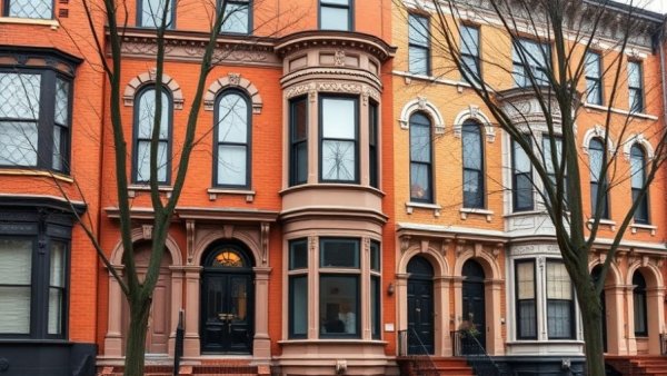 Queen Anne-style rowhouse with ornate windows and intricate brickwork.