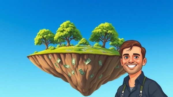 Illustration of timberland investments concept with trees and money.