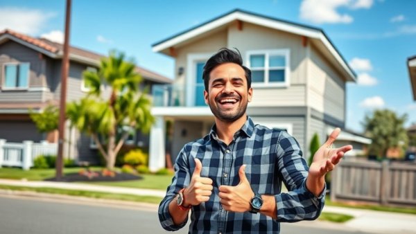 $150K rental properties promotion with cheerful man and suburban house.