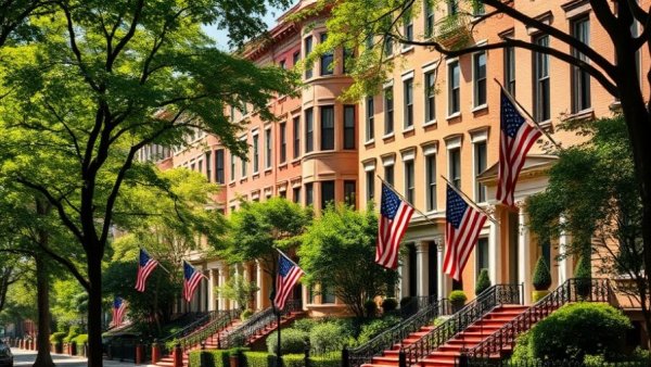 Classic NYC townhouses with American flags, tax home flipping in NYC.