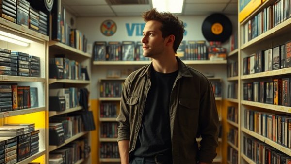 Man in a retro video store surrounded by VHS tapes.