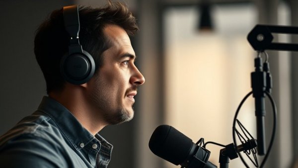 Thoughtful man discussing in podcast studio, escaping 9-5 mindset.