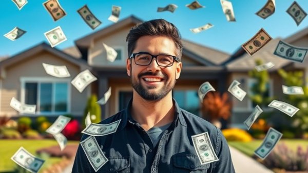 Confident person with money background, symbolizing buying a business to replace income.