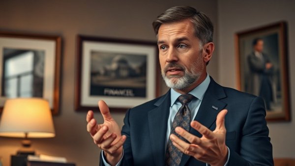 Middle-aged man explaining financial assistance in an office setting.
