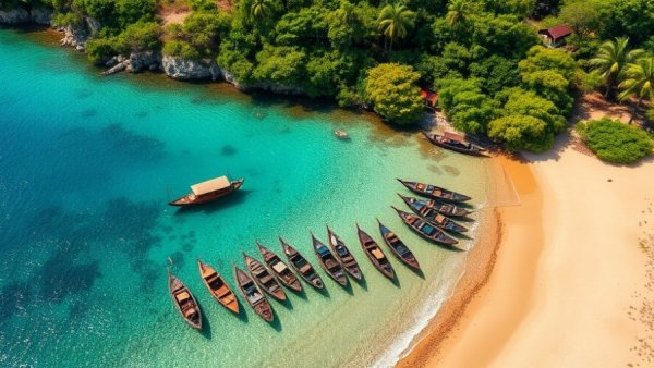 Aerial view of Zanzibar coast with traditional boats and turquoise waters.