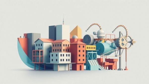 Abstract illustration depicting federal housing funding through a mix of buildings and gears.