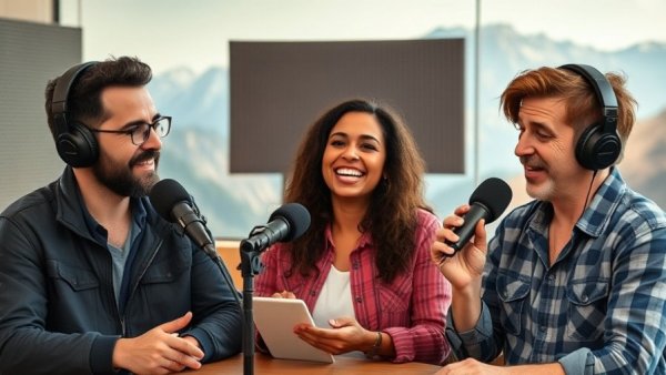 Three podcasters discussing real estate success in a studio setting.