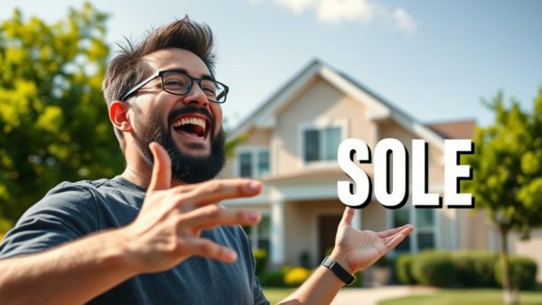 Cheerful man promoting rental property, buy text emphasized.
