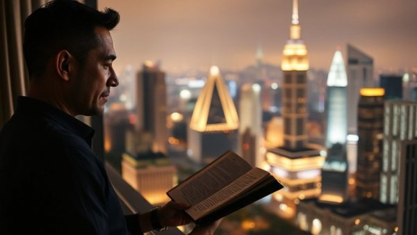 Reflective man reading about passive income from real estate with city lights.