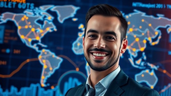 Confident businessman with financial graphics representing Zillow MRED listing war.