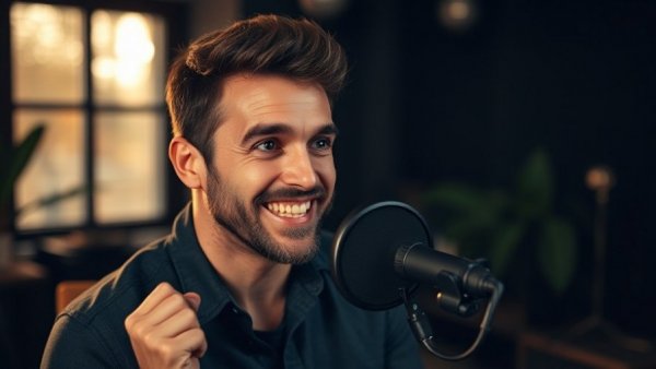 Confident man podcasting with engaging expression in a studio.