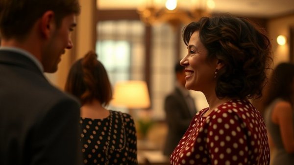 Smiling woman engaging in a community discussion indoors, soft ambient lighting.