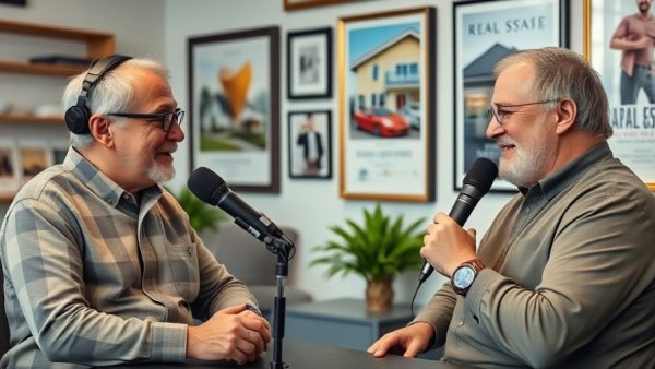 Two middle-aged men discussing real estate investments in a podcast.