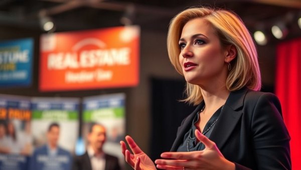 Networking in real estate event with speaker presenting on stage.