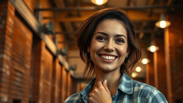 Smiling woman in industrial setting with soft lighting.