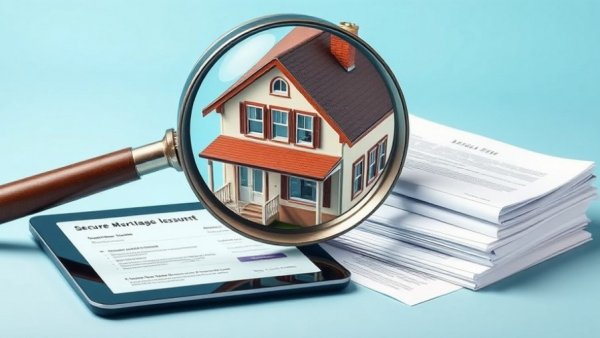 ICE Fraud Monitor mortgage technology with house, documents, magnifying glass, and tablet.