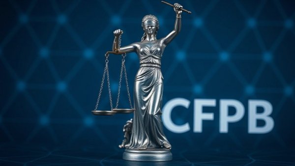 Lady Justice and CFPB logo symbolizing anti-discrimination lending rule lawsuit.