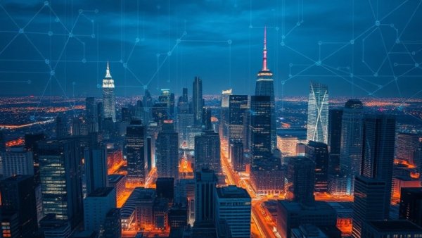 AI-powered real estate management concept with cityscape and digital elements.