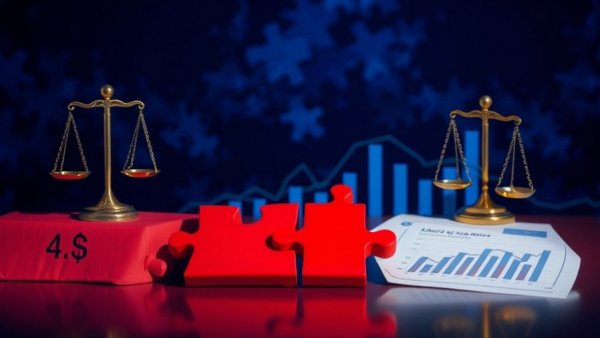 Abstract depiction of mergers and acquisitions with puzzle pieces and business symbols.