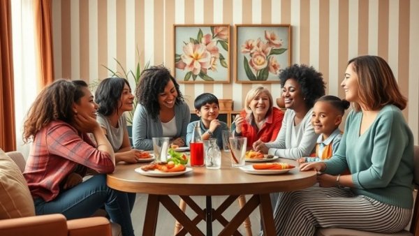 Mommune living arrangements for single moms, vibrant community setting.